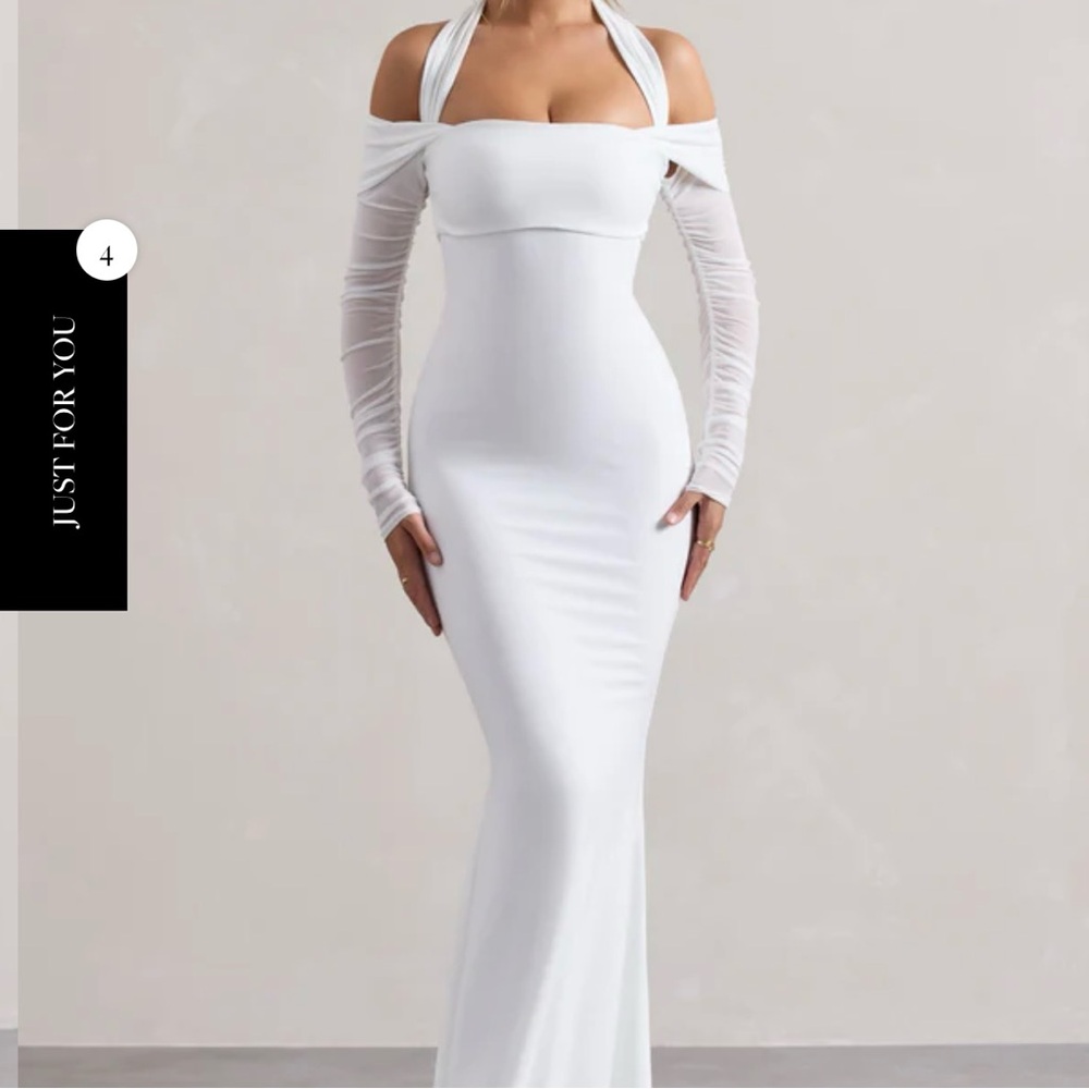 CLUBLLONDON MALISHA WHITE HALTER-NECK LONG-SLEEVE MAXI DRESS
